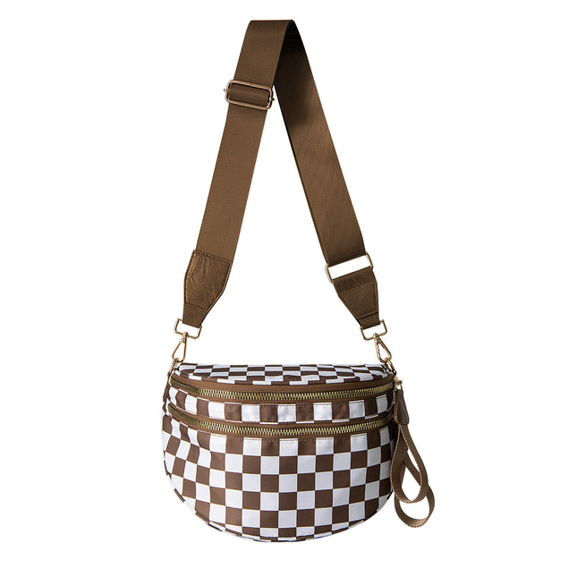 Oxford Cloth Crossbody Bag Large Capacity Shell-Shaped Fanny Pack with Adjustable Strap(Brown plaid)