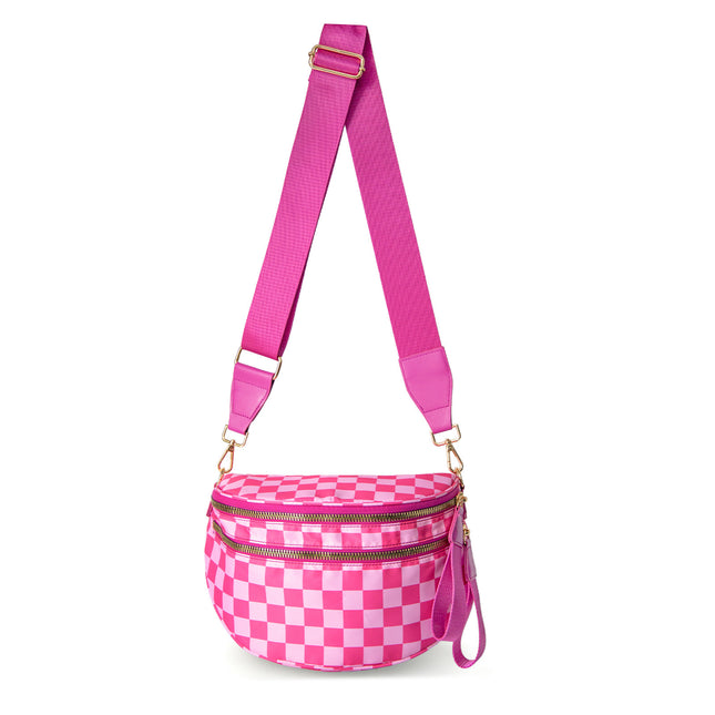 Oxford Cloth Crossbody Bag Large Capacity Shell-Shaped Fanny Pack with Adjustable Strap(Rose red plaid)