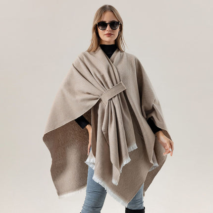 Solid Knit Poncho Shawl,Warm Fall/Winter Cape with Slit and Crossbar Design(Black)