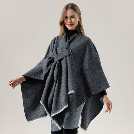 Solid Knit Poncho Shawl,Warm Fall/Winter Cape with Slit and Crossbar Design(Blue)