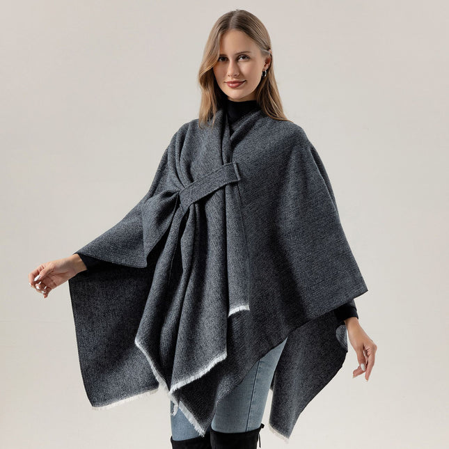 Solid Knit Poncho Shawl,Warm Fall/Winter Cape with Slit and Crossbar Design(Red)