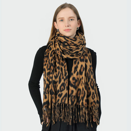 Stylish Animal Print Scarf - Warm Fall/Winter Shawl with Tassels, Imitation Cashmere(Light brown)