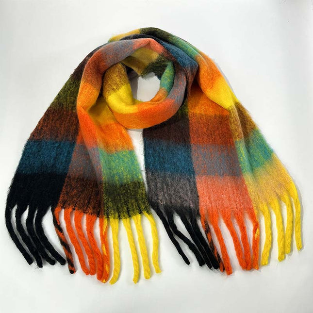 Winter Luxe Warm Oversized Scarf-Cozy Thick Plaid Wrap European Chic Style(Orange-yellow plaid)