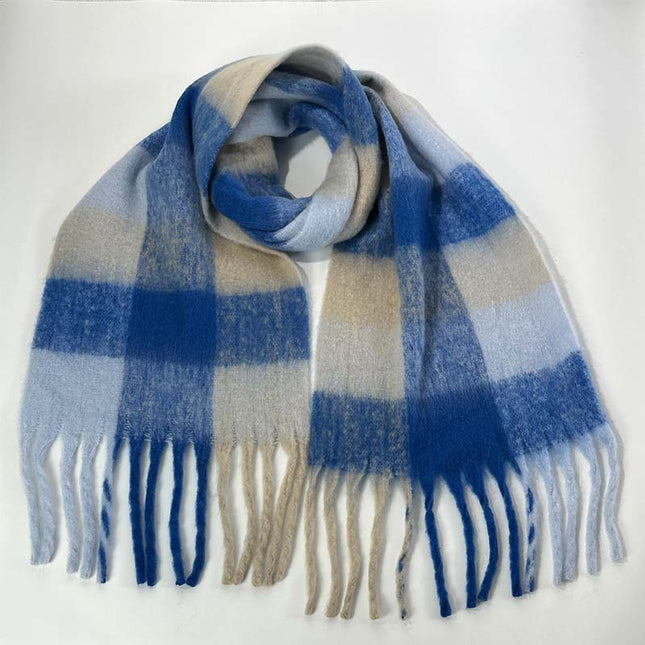 Winter Luxe Warm Oversized Scarf-Cozy Thick Plaid Wrap European Chic Style(Dark blue plaid)