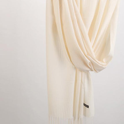 2pc Luxe Soft Imitation Cashmere Scarf - Warm Solid Tone Shawl with Elegant Fringe(Light white)