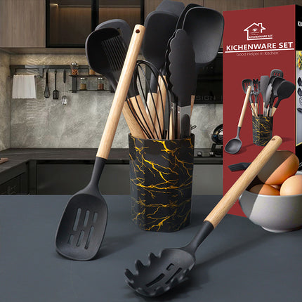 White 12-Piece Silicone Cooking Utensil Set - Non-Stick Food-Grade Kitchen Tools with Holder