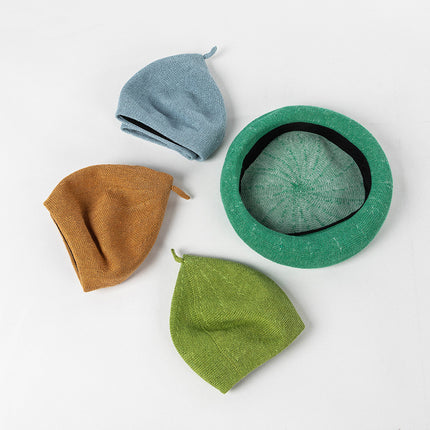 Olive green Linen Knit Beret - Classic Soft and Stylish Headwear