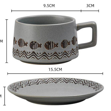 Vintage Ceramic Coffee Cup and Saucer Set - Elegant Afternoon Tea Set(Wave Fish Gray)