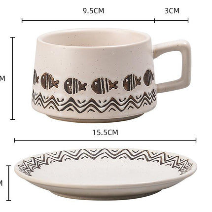 Vintage Ceramic Coffee Cup and Saucer Set - Elegant Afternoon Tea Set(Wave Fish White)