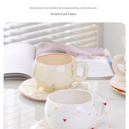 Hand-Painted Ceramic Coffee Cup and Saucer Set - Vintage Afternoon Tea(Red small florals)
