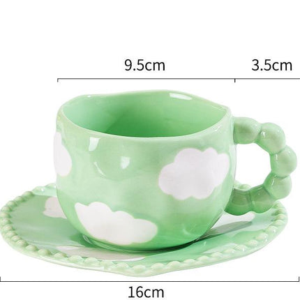 Hand-Painted Ceramic Coffee Mug and Saucer Set - Whimsical Afternoon Tea Cup with Spoon(White cloud-green)