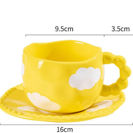 Hand-Painted Ceramic Coffee Mug and Saucer Set - Whimsical Afternoon Tea Cup with Spoon(White cloud-yellow)