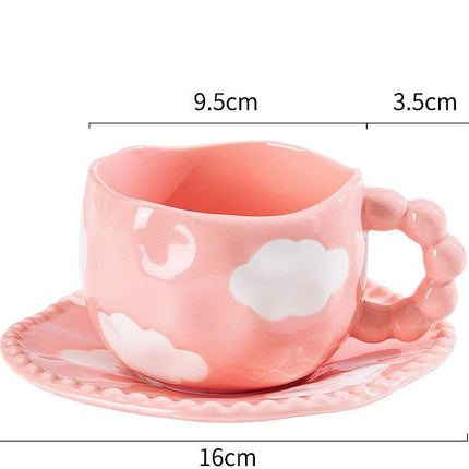 Hand-Painted Ceramic Coffee Mug and Saucer Set - Whimsical Afternoon Tea Cup with Spoon(White cloud-pink)