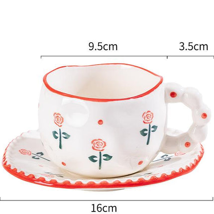 Hand-Painted Ceramic Coffee Mug and Saucer Set - Whimsical Afternoon Tea Cup with Spoon(Red rose)