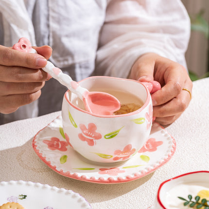 Hand-Painted Ceramic Coffee Mug and Saucer Set - Whimsical Afternoon Tea Cup with Spoon(Red rose)