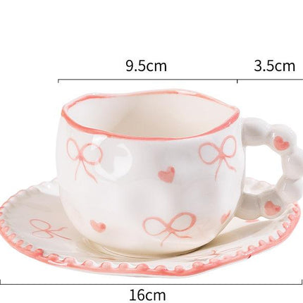 Hand-Painted Ceramic Coffee Mug and Saucer Set - Whimsical Afternoon Tea Cup with Spoon(Pink-edged bow)