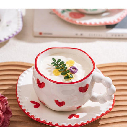 Hand-Painted Ceramic Coffee Mug and Saucer Set - Whimsical Afternoon Tea Cup with Spoon(Pink-edged bow)