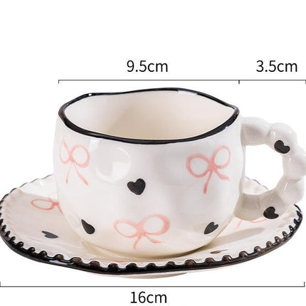 Hand-Painted Ceramic Coffee Mug and Saucer Set - Whimsical Afternoon Tea Cup with Spoon(Black-edged bow)