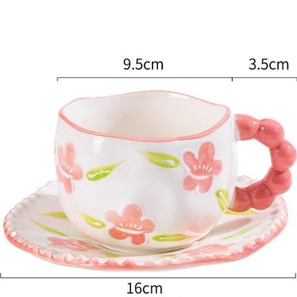 Hand-Painted Ceramic Coffee Mug and Saucer Set - Whimsical Afternoon Tea Cup with Spoon(Smiley pink flower)
