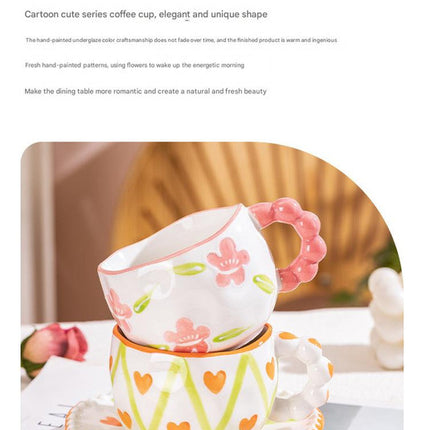 Hand-Painted Ceramic Coffee Mug and Saucer Set - Whimsical Afternoon Tea Cup with Spoon(Smiley pink flower)