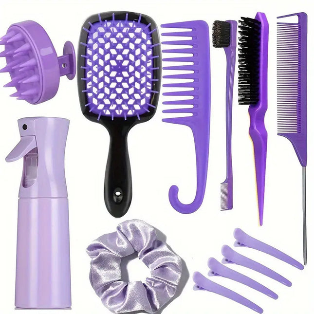 Complete Hair Styling Kit with Detangling Brushes Combs Spray Bottle and Accessories(Purple)