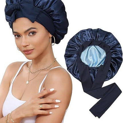 Luxury Double-Sided Satin Bonnet with Elastic Band(Navy blue + light blue lining)