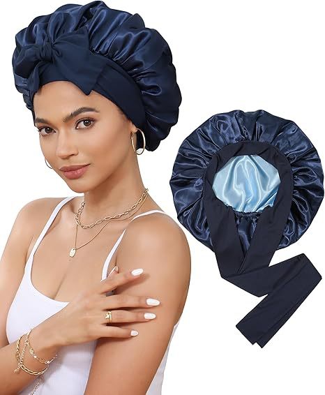 Luxury Double-Sided Satin Bonnet with Elastic Band(Navy blue Plus light blue lining) V888-ELOSUNG25636