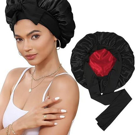Luxury Double-Sided Satin Bonnet with Elastic Band(Black + bright red lining)