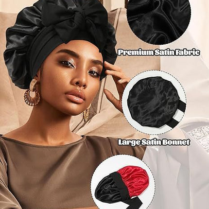 Luxury Double-Sided Satin Bonnet with Elastic Band(Black + bright red lining)
