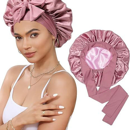 Luxury Double-Sided Satin Bonnet with Elastic Band(Leather red + pink lining)