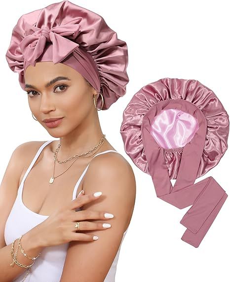 Luxury Double-Sided Satin Bonnet with Elastic Band(Leather red Plus pink lining) V888-ELOSUNG25639