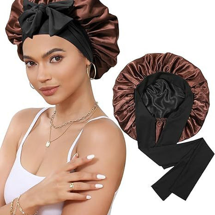 Luxury Double-Sided Satin Bonnet with Elastic Band(Black + brown lining)