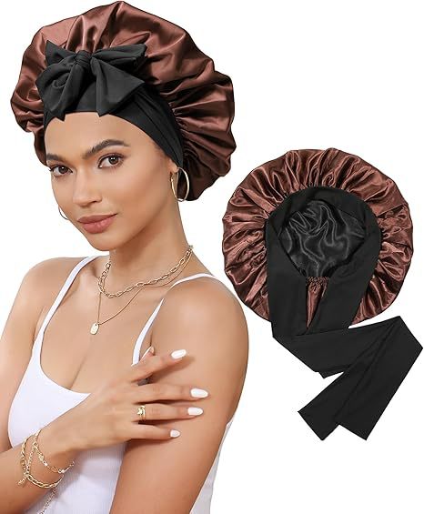 Luxury Double-Sided Satin Bonnet with Elastic Band(Black Plus brown lining) V888-ELOSUNG25640