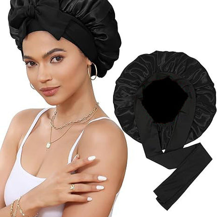 Luxury Double-Sided Satin Bonnet with Elastic Band(Black + black lining)