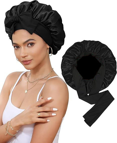 Luxury Double-Sided Satin Bonnet with Elastic Band(Black Plus black lining) V888-ELOSUNG25641