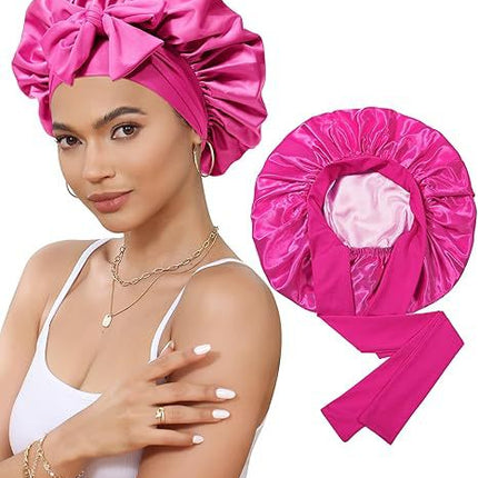 Luxury Double-Sided Satin Bonnet with Elastic Band(Rose red + pink lining)