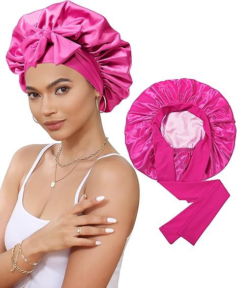 Luxury Double-Sided Satin Bonnet with Elastic Band(Rose red Plus pink lining) V888-ELOSUNG25642