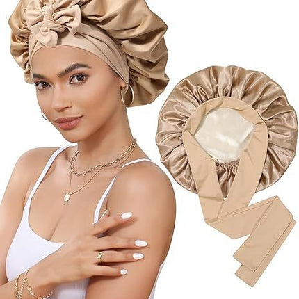 Luxury Double-Sided Satin Bonnet with Elastic Band(Khaki + beige lining)