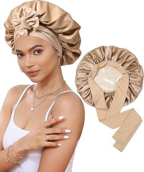 Luxury Double-Sided Satin Bonnet with Elastic Band(Khaki Plus beige lining) V888-ELOSUNG25643