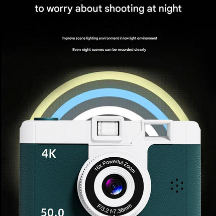 Compact 4K Digital Camera - 50MP, 16x Zoom, 2.4-inch IPS Screen, WiFi & Fill Light - Retro CCD Style(Green)