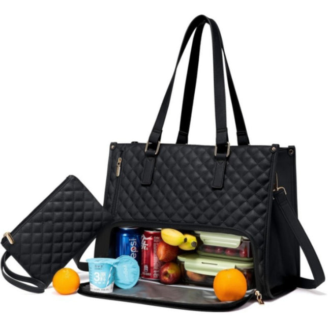 Stylish Quilted Laptop & Lunch Tote Bag Water-Resistant with Insulated Compartment & Clutch(black)