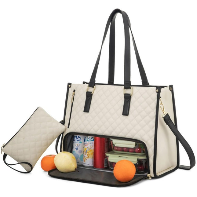 Stylish Quilted Laptop & Lunch Tote Bag Water-Resistant with Insulated Compartment & Clutch(Beige)