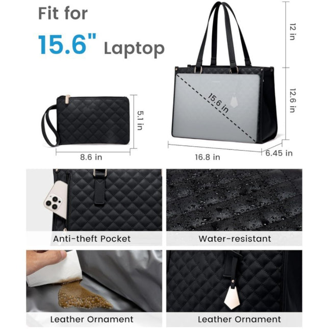Stylish Quilted Laptop & Lunch Tote Bag Water-Resistant with Insulated Compartment & Clutch(Beige) – product detail
