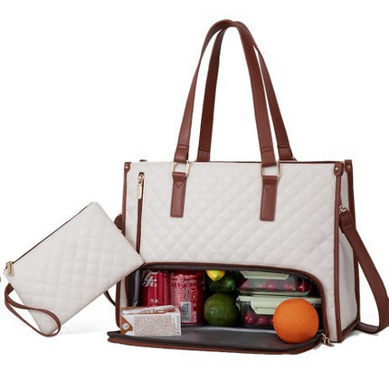 Stylish Quilted Laptop & Lunch Tote Bag , Water-Resistant with Insulated Compartment & Clutch(White)