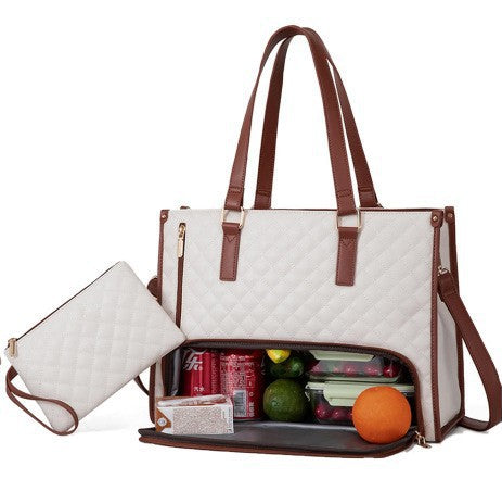 Stylish Quilted Laptop & Lunch Tote Bag Water-Resistant with Insulated Compartment & Clutch(White)