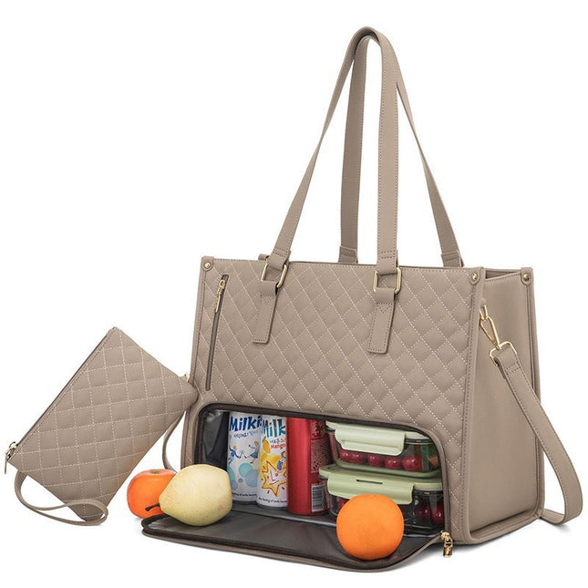 Stylish Quilted Laptop & Lunch Tote Bag Water-Resistant with Insulated Compartment & Clutch(Khaki)