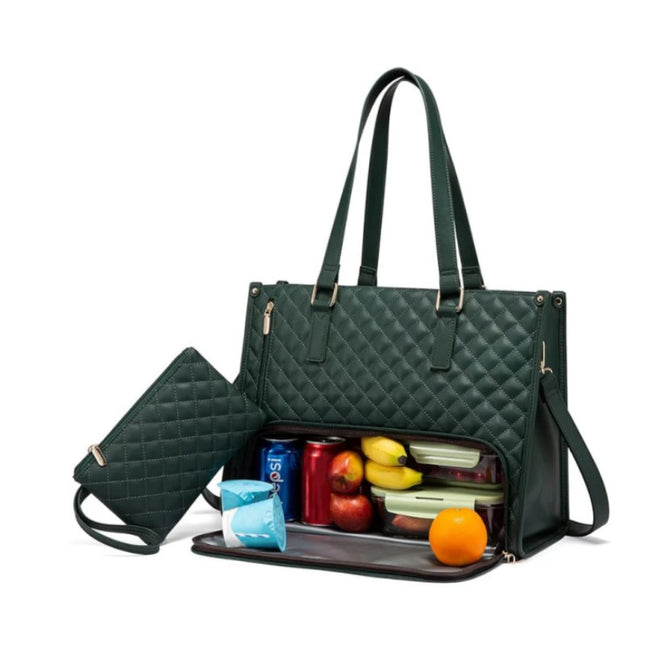 Stylish Quilted Laptop & Lunch Tote Bag Water-Resistant with Insulated Compartment & Clutch(Green)