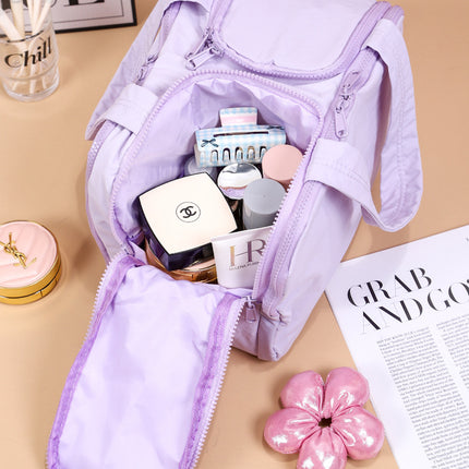 Portable Multi-Compartment Travel Toiletry & Makeup Organizer Bag with Brush Holders(Light purple)