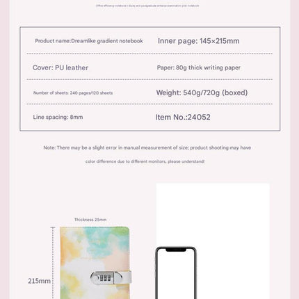 A5 Tie-Dye Journal with Combination Lock - 240 Pages, Soft Touch Cover Diary(Colorful)