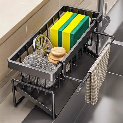 Kitchen Sink Caddy Organizer with Towel Bar & Drain Tray - Durable Metal Sponge Holder(Black)